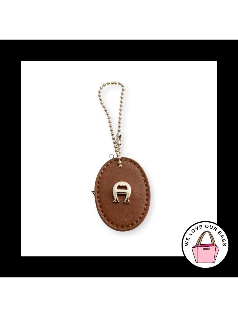 ETIENNE AIGNER Oval Hang Tag Brown Leather Silver Nickel Bag Charm Keychain Fob